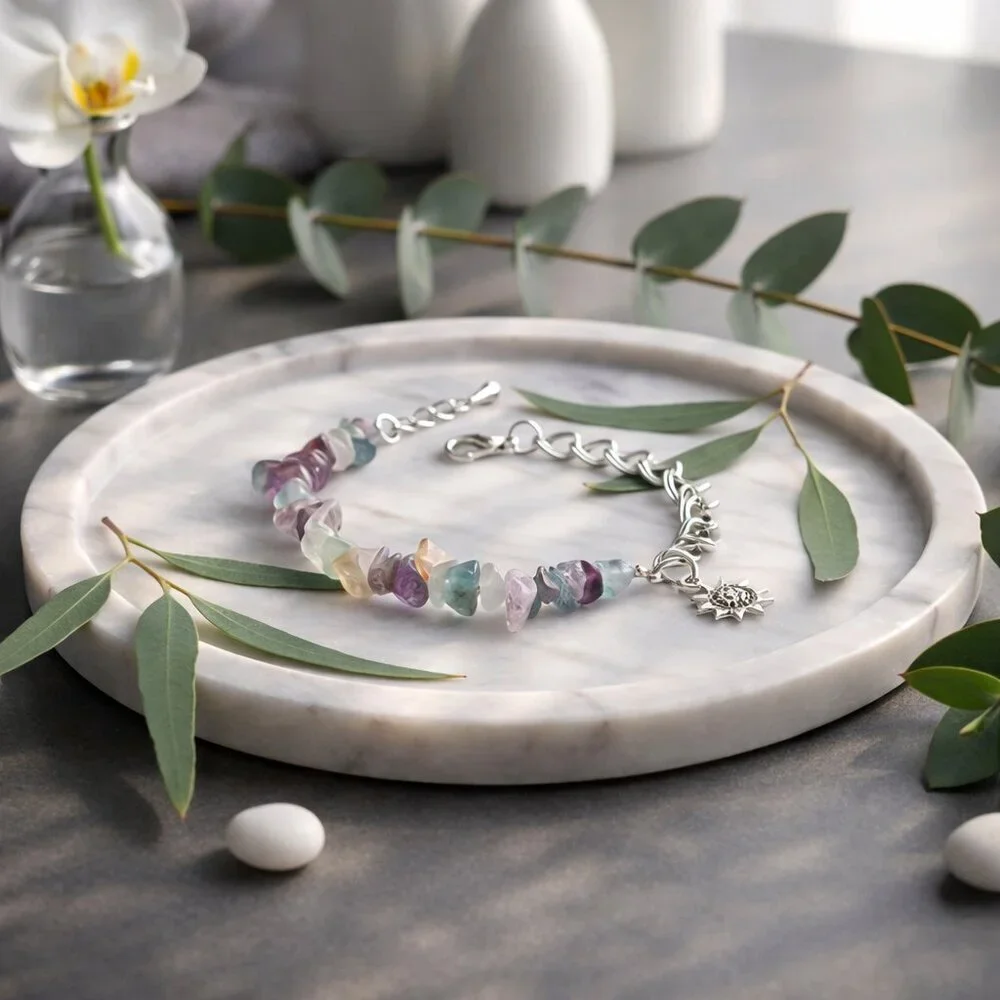 Rainbow Fluorite Silver Plated Bracelet Sun Charm Celestial Boho Crystal 7.5